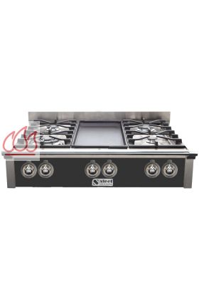 Plaque de cuisson pose libre inox 90cm Ascot 4 foyers gaz (dont 1 wok) et  1 plancha électrique en fonte STEEL Mon Espace Cuisson