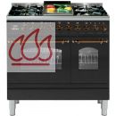 Piano de cuisson noir mat finition bronze 90cm avec 4 foyers gaz, 1 plancha, 1 four gaz et 1 four électrique avec tiroir. EC-ILV252