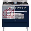 Piano de cuisson 90cm bleu finition chrome 90cm avec 5 foyers gaz dont 1 poissonnière, 1 four multifonctions avec tiroir. EC-ILV256