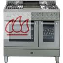 Piano de cuisson inox 90cm avec 4 foyers gaz, 1 plancha, 1 four gaz et 1 four électrique avec espace de rangement. EC-ILV257