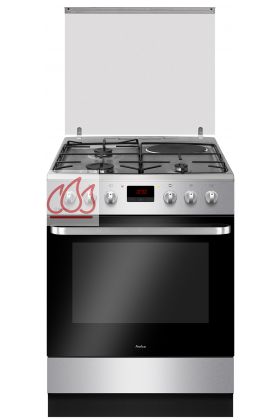 Cuisinière inox de 60cm à 3 foyers gaz, 1 foyer éléctrique et 1 four catalyse