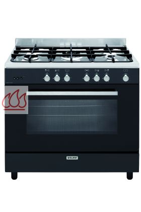 Piano de cuisson noir brillant 90cm e-Cooker 5 foyers gaz dont 1 triple couronne et 1 four gaz 
