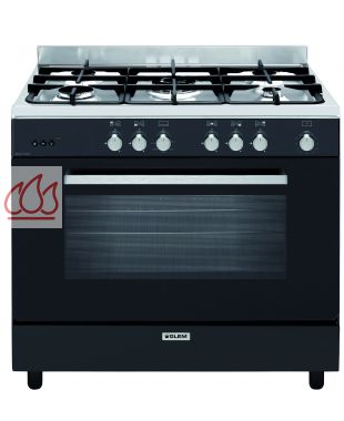 Piano de cuisson noir brillant 90cm "e-Cooker" 5 foyers gaz dont 1 triple couronne et 1 four gaz  GLEM GAS