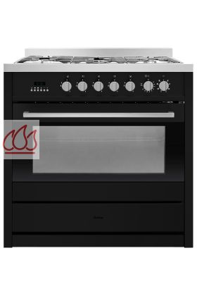 Piano de cuisson noir 90cm 5 foyers gaz et 1 four électrique multifonction