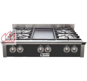 Plaque de cuisson pose libre inox 90cm "Ascot" 4 foyers gaz (dont 1 wok) et 1 plancha électrique en fonte STEEL