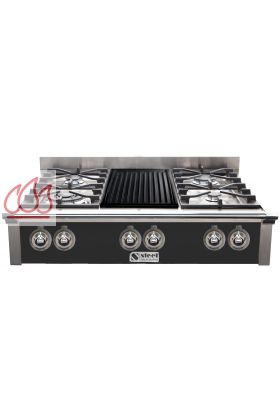 Plaque de cuisson pose libre inox 90cm Ascot 4 foyers gaz et 1 barbecue électrique en fonte