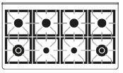 Table de cuisson 8 foyers : 2 foyers à double couronne (4,2kw chacun), 4 grands foyers (3kw chacun) et 2 petits foyers (1,8kw chacun)