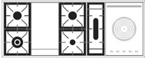 Table de cuisson 5 foyers gaz : 1 poissonnière (3,1kw), 2 grands foyers (3kw chacun), 1 grand foyer double couronne (4.2kw) et 1 petit foyer (1,8kw) + 1 plancha (4.8kw) + 1 coup de feu (3kw)