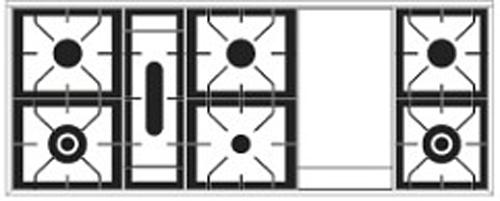 Table de cuisson 7 foyers gaz : 1 poissonnière (3,1kw), 3 grands foyers (3kw chacun), 2 grands foyers double couronne (4.2kw) et 1 petit foyer (1,8kw) + 1 plancha (4.8kw)